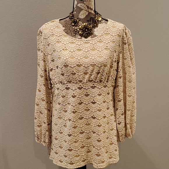 Suzanne Betro Tops - Suzanne Betro Beige Lace Overlay Blouse 1X